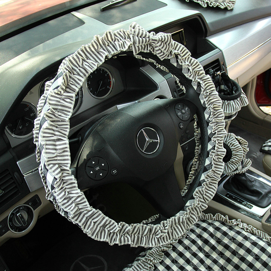 Cute Female Plaid Lace Fold Car Steering Wheel Covers Cotton 15 inch 38CM - Black