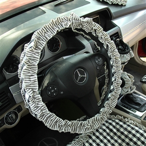 Cute Female Plaid Lace Fold Car Steering Wheel Covers Cotton 15 inch 38CM - Black
