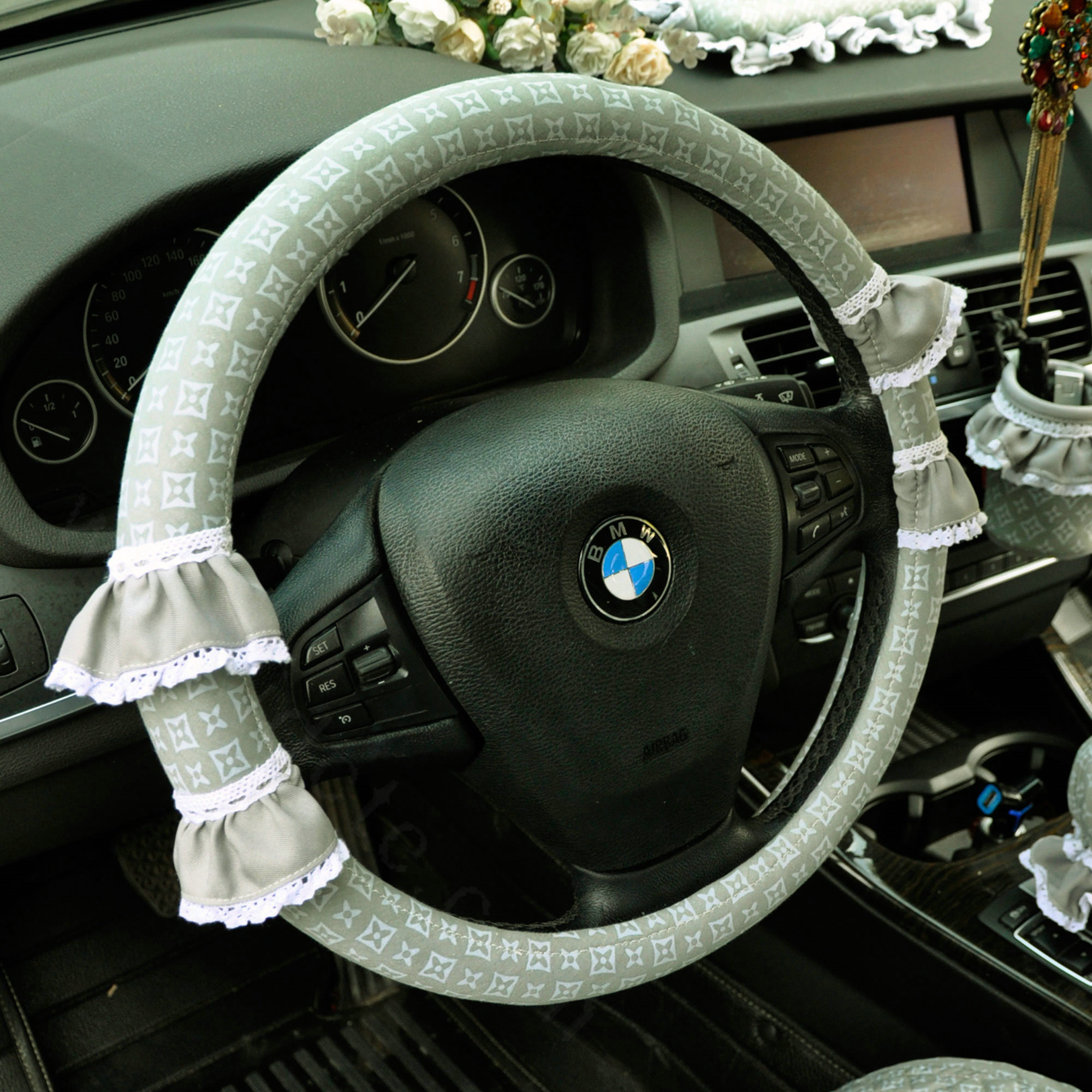 Cute Female Plaid Lace Fold Car Steering Wheel Covers Cotton 15 inch 38CM - Green