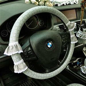 Cute Female Plaid Lace Fold Car Steering Wheel Covers Cotton 15 inch 38CM - Green