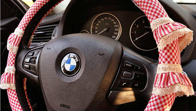 Cute Female Plaid Lace Fold Car Steering Wheel Covers Cotton 15 inch 38CM - Pink