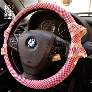 Cute Female Plaid Lace Fold Car Steering Wheel Covers Cotton 15 inch 38CM - Pink