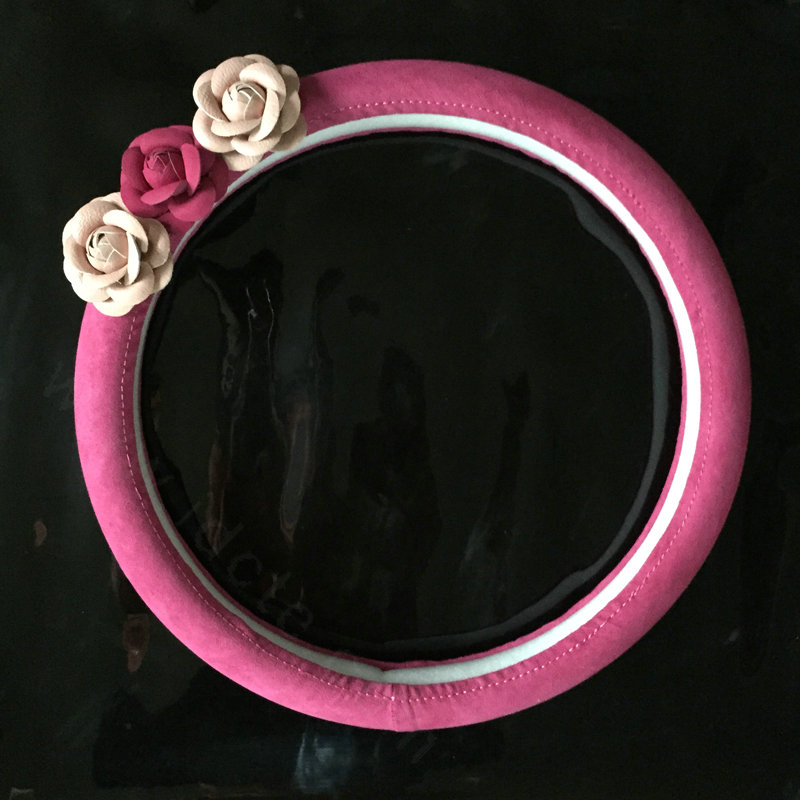 Cute Flower Suedette Universal Car Steering Wheels Covers 15 Inch - Rose