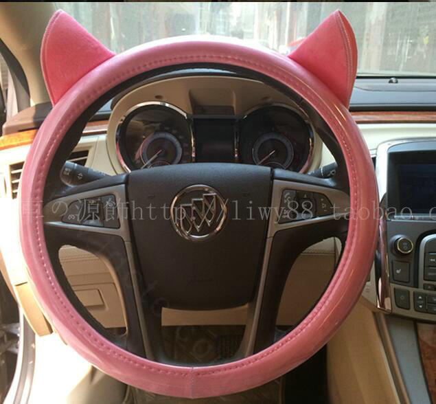Ears Glossy Grain PU Leather Universal Car Steering Wheel Covers 15 inch - Pink