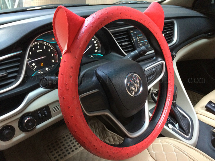 Ears Ostrich Grain PU Leather Universal Car Steering Wheel Covers 15 inch - Red
