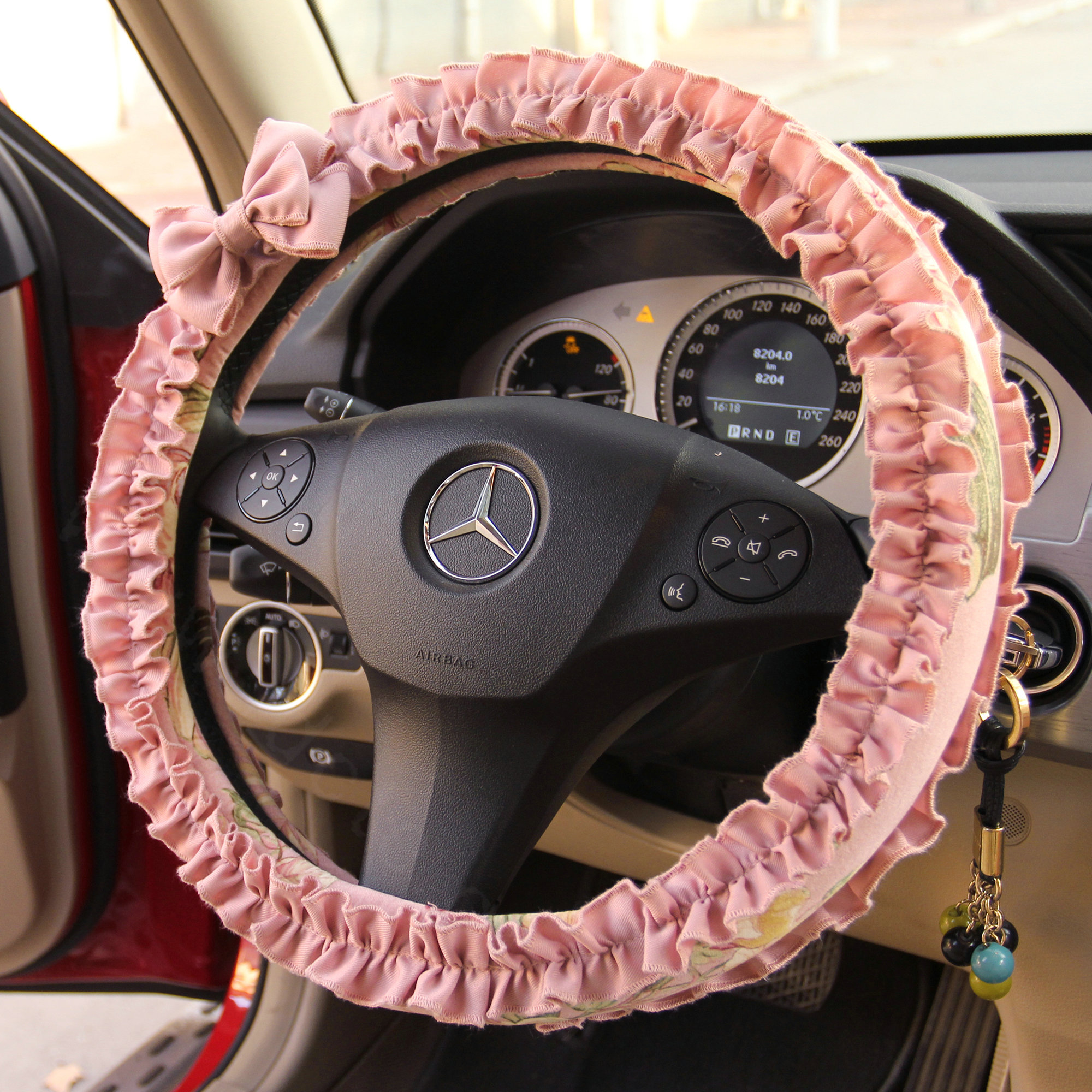 Elegant Bowknot Lace Fold Car Steering Wheel Covers Cotton 15 inch 38CM - Pink
