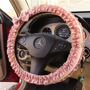 Elegant Bowknot Lace Fold Car Steering Wheel Covers Cotton 15 inch 38CM - Pink