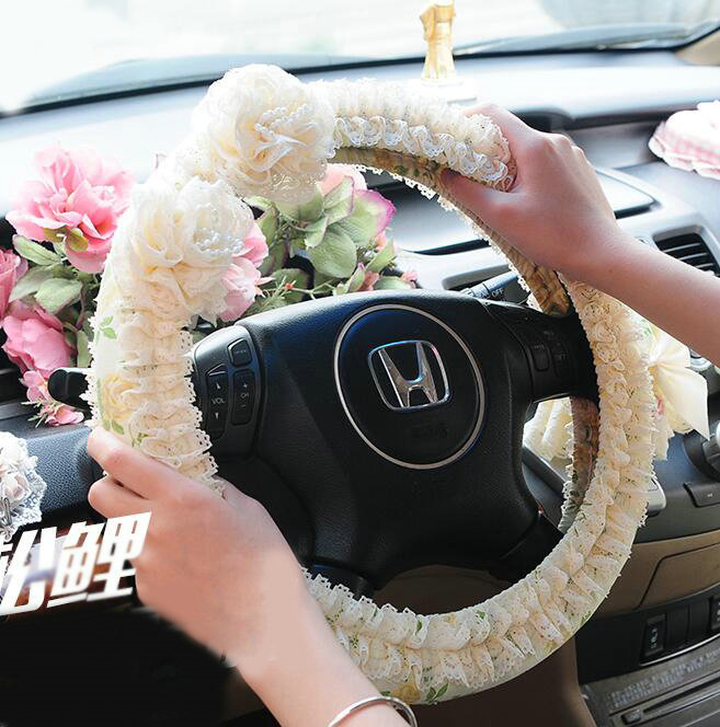 Elegant Flower Lace Fold Car Steering Wheel Covers Cotton 15 inch 38CM - Beige