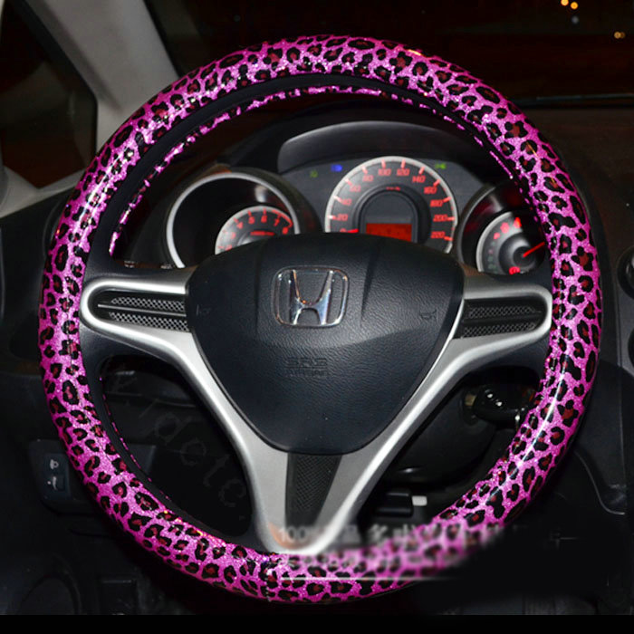 Fashion Leopard Glitter PU Leather Car Steering Wheel Covers 15 inch 38CM - Rose