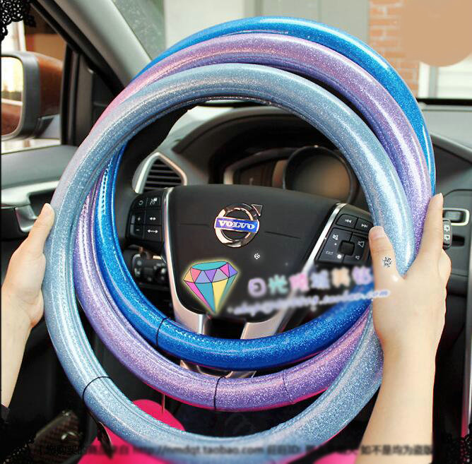 Fashion Women Glitter PU Leather Auto Steering Wheel Covers 15 inch 38CM - Light Blue