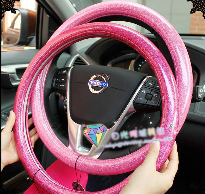 Fashion Women Glitter PU Leather Auto Steering Wheel Covers 15 inch 38CM - Pink