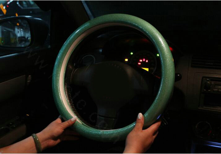 Fashion Women Glitter PU Leather Car Steering Wheel Covers 15 inch 38CM - Green