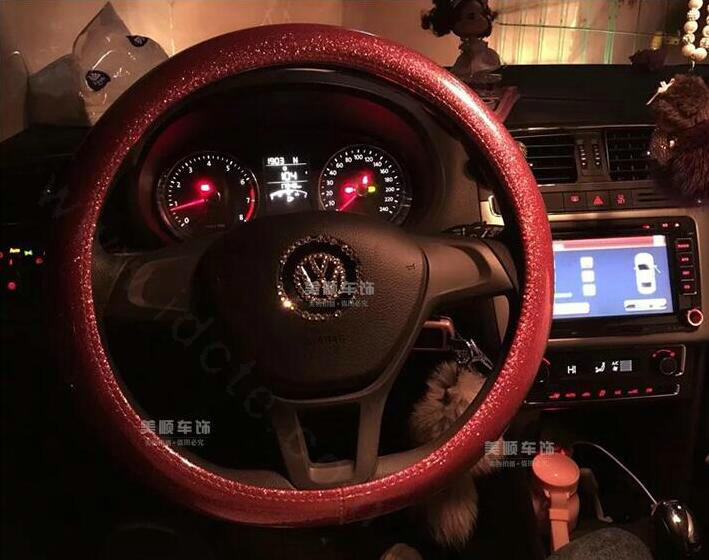 Fashion Women Glitter PU Leather Car Steering Wheel Covers 15 inch 38CM - Red