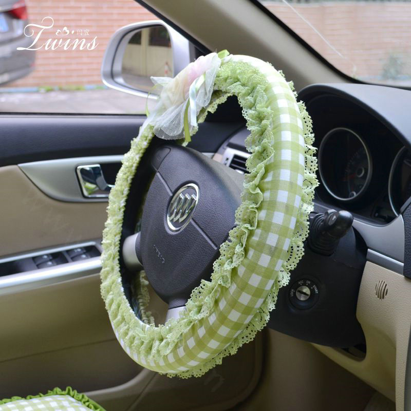 Female Big Plaid Lace Flower Universal Auto Steering Wheel Covers 15 inch 38CM - Green