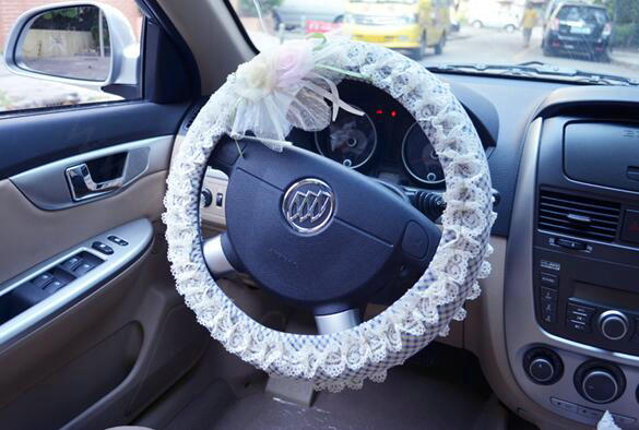 Female Checks Lace Flower Universal Auto Steering Wheel Covers 15 inch 38CM - Blue