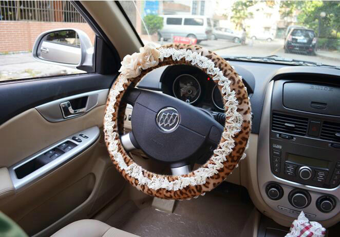 Female Leopard Lace Flower Universal Auto Steering Wheel Covers 15 inch 38CM - Brown