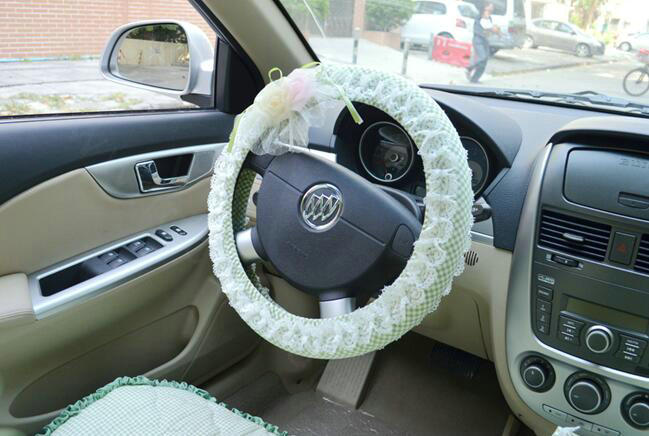 Female Plaid Lace Flower Universal Auto Steering Wheel Covers 15 inch 38CM - Green