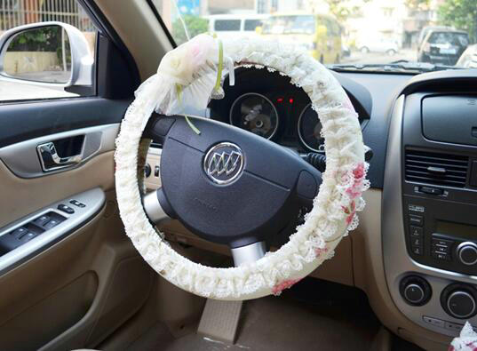 Female Romantic Lace Flower Universal Auto Steering Wheel Covers 15 inch 38CM - Beige