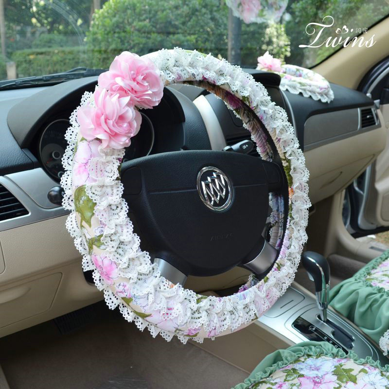 Female Romantic Lace Flower Universal Auto Steering Wheel Covers 15 inch 38CM - Pink