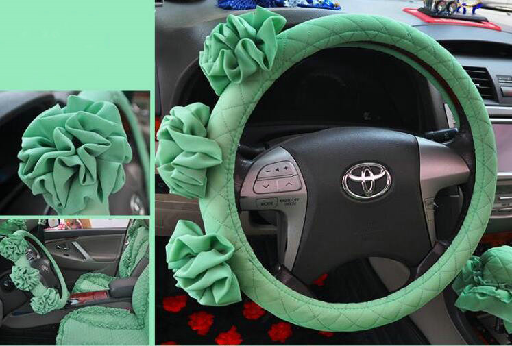 Female Stereo Flower Cotton Universal Auto Steering Wheel Covers 15 inch 38CM - Green