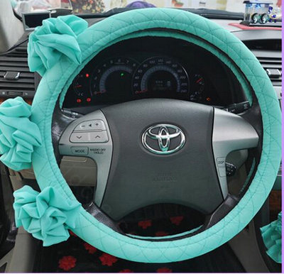 Female Stereo Flower Cotton Universal Auto Steering Wheel Covers 15 inch 38CM - Mint Green