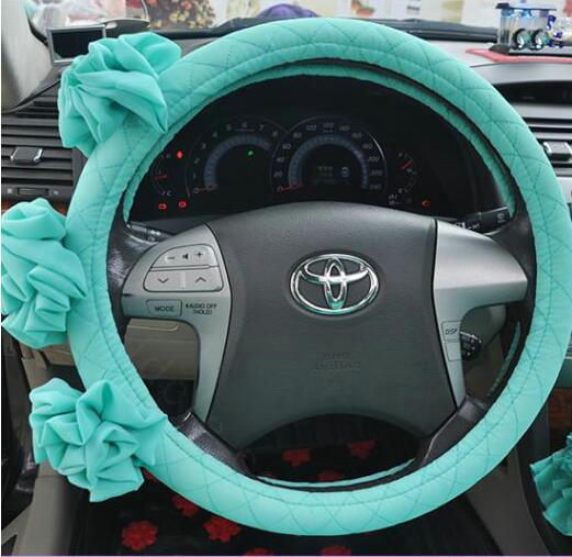 Female Stereo Flower Cotton Universal Auto Steering Wheel Covers 15 inch 38CM - Mint Green