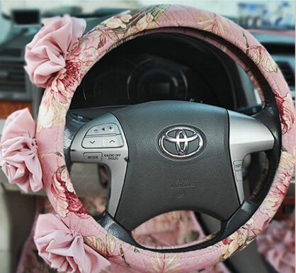 Female Stereo Flower Cotton Universal Auto Steering Wheel Covers 15 inch 38CM - Pink