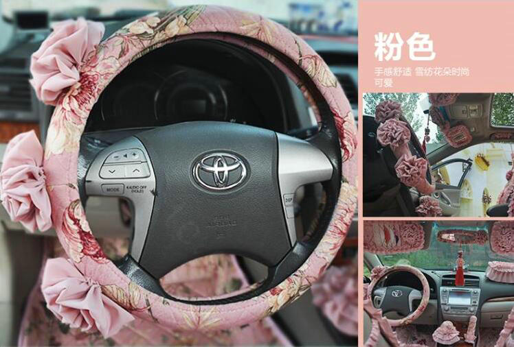Female Stereo Flower Cotton Universal Auto Steering Wheel Covers 15 inch 38CM - Pink