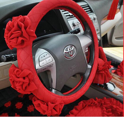 Female Stereo Flower Cotton Universal Auto Steering Wheel Covers 15 inch 38CM - Red