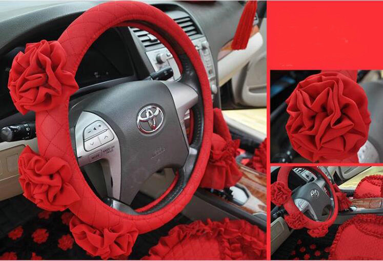 Female Stereo Flower Cotton Universal Auto Steering Wheel Covers 15 inch 38CM - Red