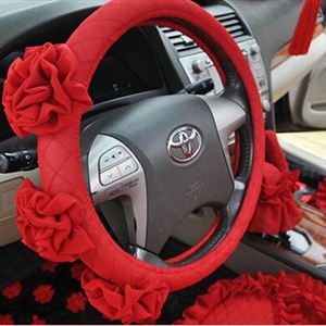 Female Stereo Flower Cotton Universal Auto Steering Wheel Covers 15 inch 38CM - Red
