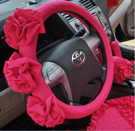 Female Stereo Flower Cotton Universal Auto Steering Wheel Covers 15 inch 38CM - Rose