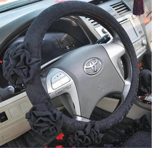 Female Stereo Flower Lace Universal Auto Steering Wheel Covers 15 inch 38CM - Black