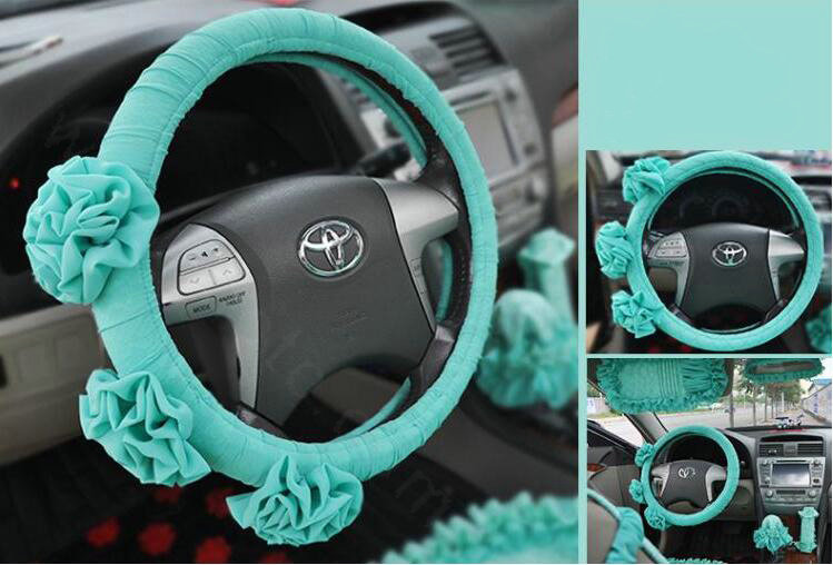 Female Stereo Flower Lace Universal Auto Steering Wheel Covers 15 inch 38CM - Mint Green