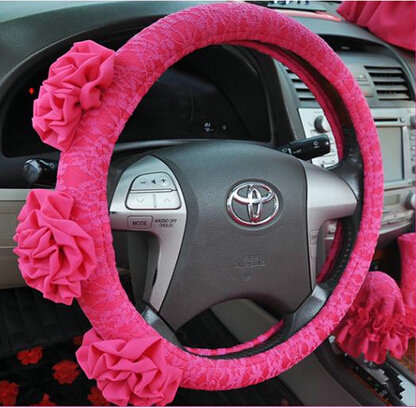 Female Stereo Flower Lace Universal Auto Steering Wheel Covers 15 inch 38CM - Rose