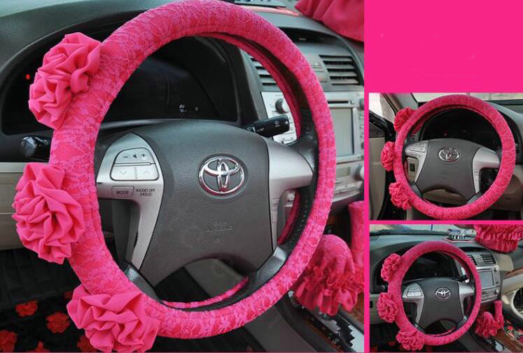 Female Stereo Flower Lace Universal Auto Steering Wheel Covers 15 inch 38CM - Rose