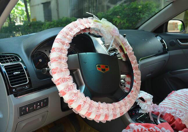 Female Stripe Lace Flower Universal Auto Steering Wheel Covers 15 inch 38CM - Pink