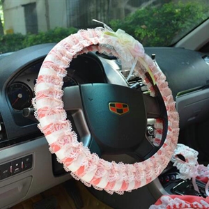 Female Stripe Lace Flower Universal Auto Steering Wheel Covers 15 inch 38CM - Pink