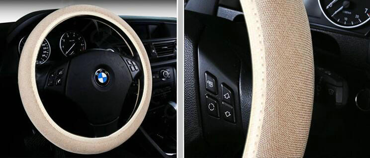 High Quality Flax Universal Elastic Auto Steering Wheel Covers 15 inch 38CM - Beige