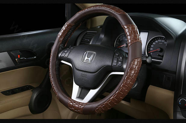 High Quality Man Weave Car Steering Wheel Covers Anti-skid PU Leather 15 inch 38CM - Coffee