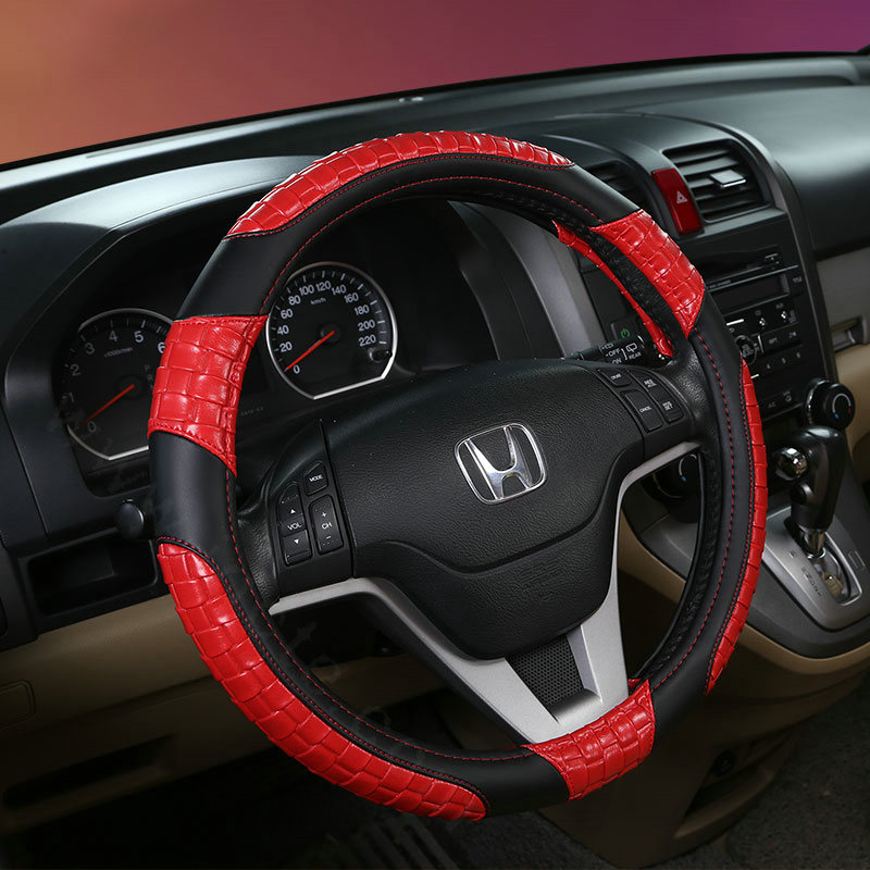 High Quality Man Weave Car Steering Wheel Covers Anti-skid PU Leather 15 inch 38CM - Red