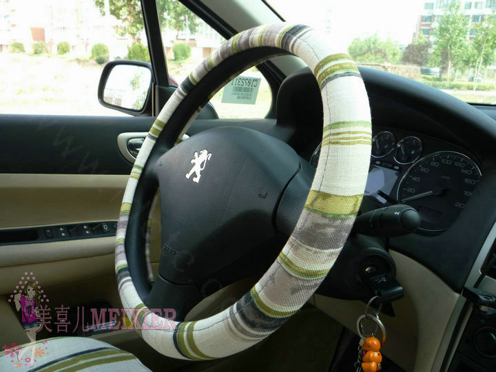 High Quality Stripe Flax Universal Auto Steering Wheel Covers 15 inch 38CM - Green