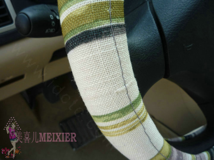 High Quality Stripe Flax Universal Auto Steering Wheel Covers 15 inch 38CM - Green