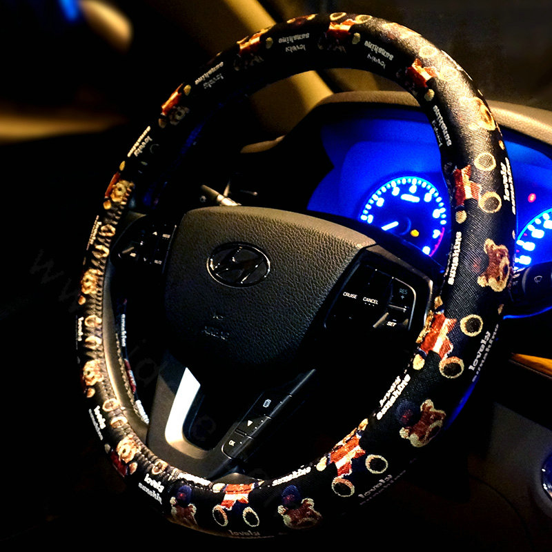 Lovely Bears Print Car Steering Wheel Covers PU Leather Universal 15 inch - Black