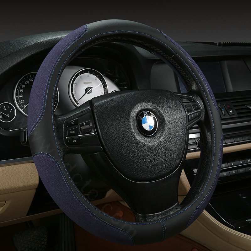 Luxury Genuine Leather Suede Car Steering Wheels Covers 15 Inch - Black Blue