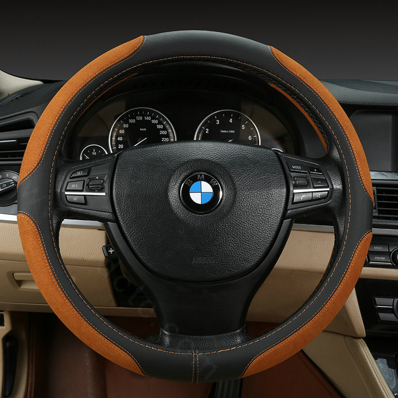 Luxury Genuine Leather Suede Car Steering Wheels Covers 15 Inch - Black Brown
