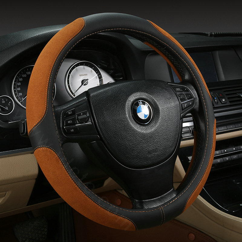 Luxury Genuine Leather Suede Car Steering Wheels Covers 15 Inch - Black Brown