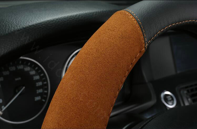 Luxury Genuine Leather Suede Car Steering Wheels Covers 15 Inch - Black Brown
