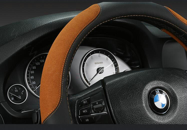 Luxury Genuine Leather Suede Car Steering Wheels Covers 15 Inch - Black Brown