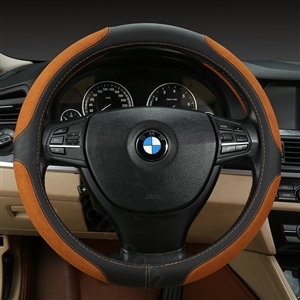 Luxury Genuine Leather Suede Car Steering Wheels Covers 15 Inch - Black Brown